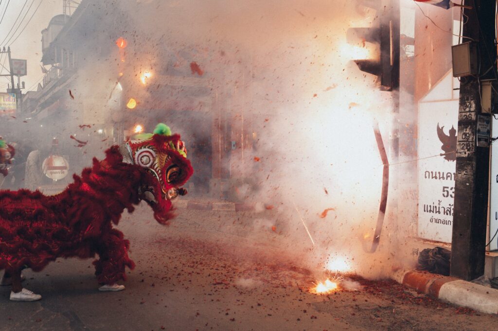 red dragon mascot on the street